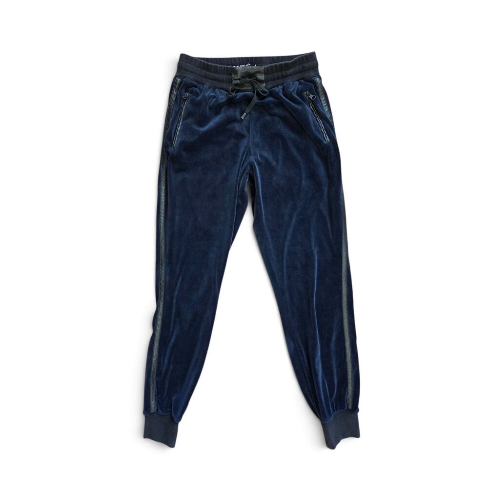 Blanc Noir Navy Blue Velour Joggers Faux Leather Stripe Drawstring Women's Small
